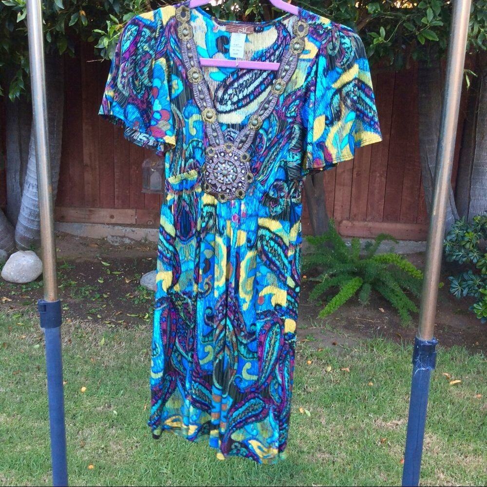 VTG 90s UNWORN BOHO PRINT DRESS W/EMBELLISHED NECKLINE S